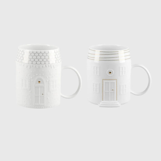 White Porcelain Cottage House Mug Set of 2 – Embossed Coffee Cup with Gold Accent Details and Whimsical Home Design