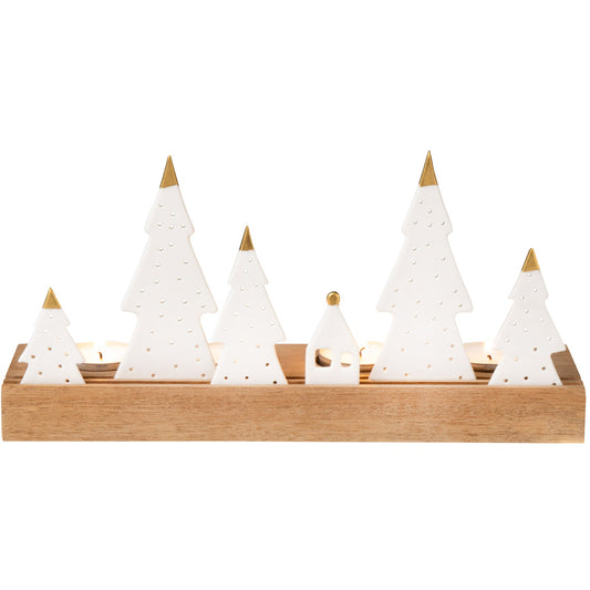 White Porcelain Fir Tree Forest Tealight Holder with Wood Base - Minimalist Décor - Handcrafted