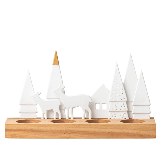 White Porcelain Forest and Deer Tealight Holder with Wood Base - Minimalist Décor - Handcrafted