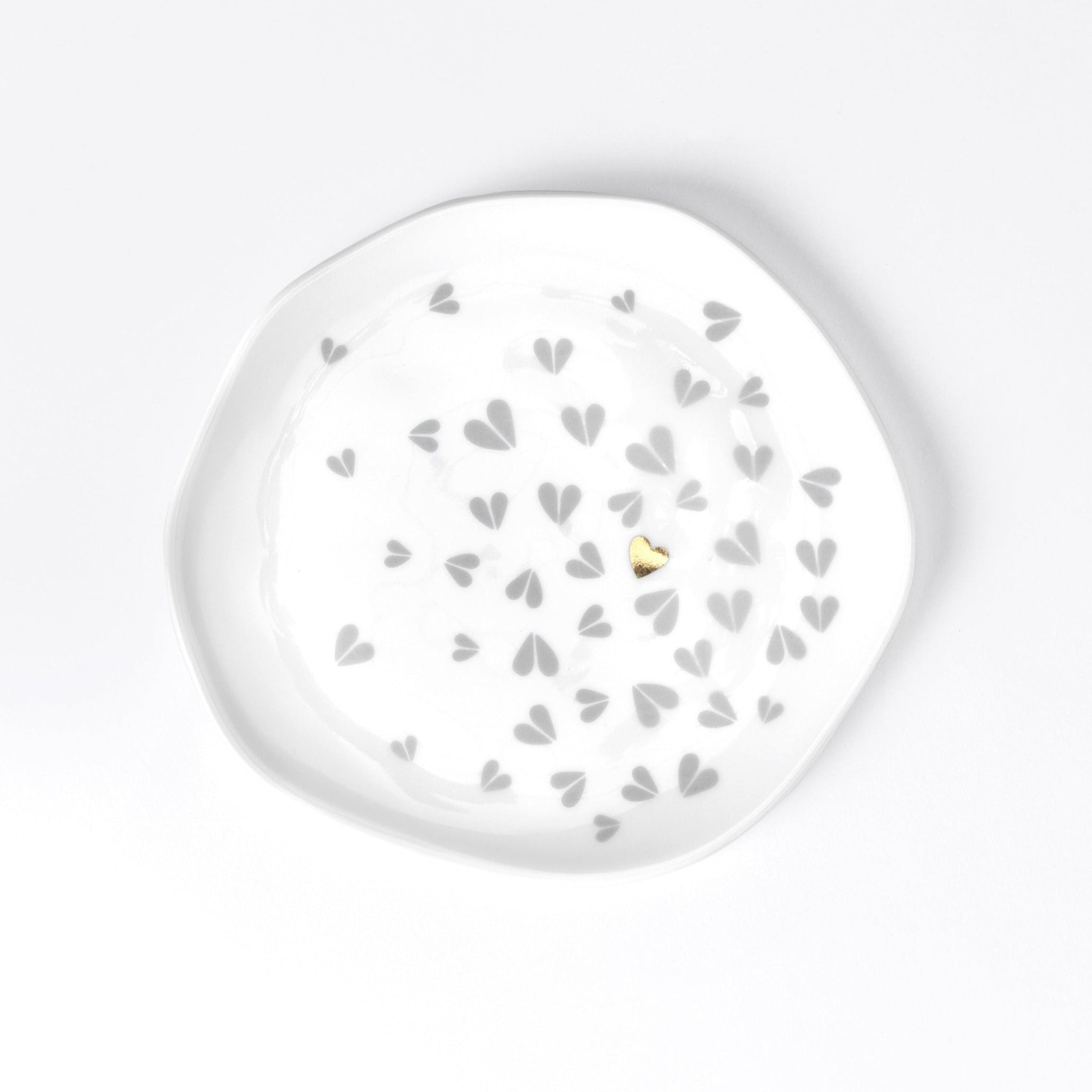 White Porcelain Freeform Decorative Plate with Silver and Gold Hearts - Food Safe Plate