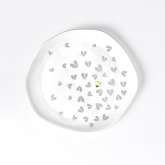 White Porcelain Freeform Decorative Plate with Silver and Gold Hearts - Food Safe Plate