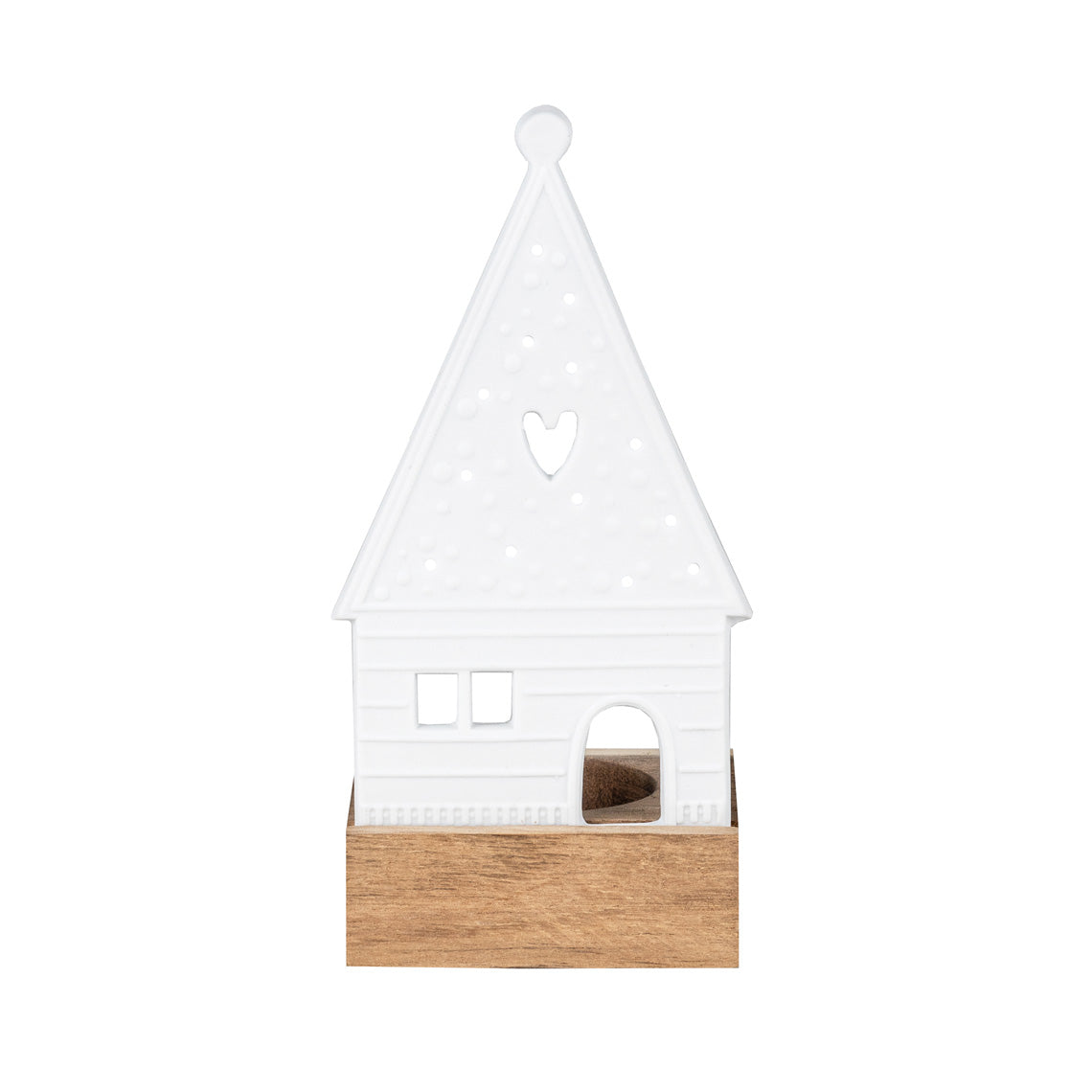 White Porcelain Gingerbread House Tealight Holder with Wood Base – Scandinavian Christmas Décor - Handcrafted