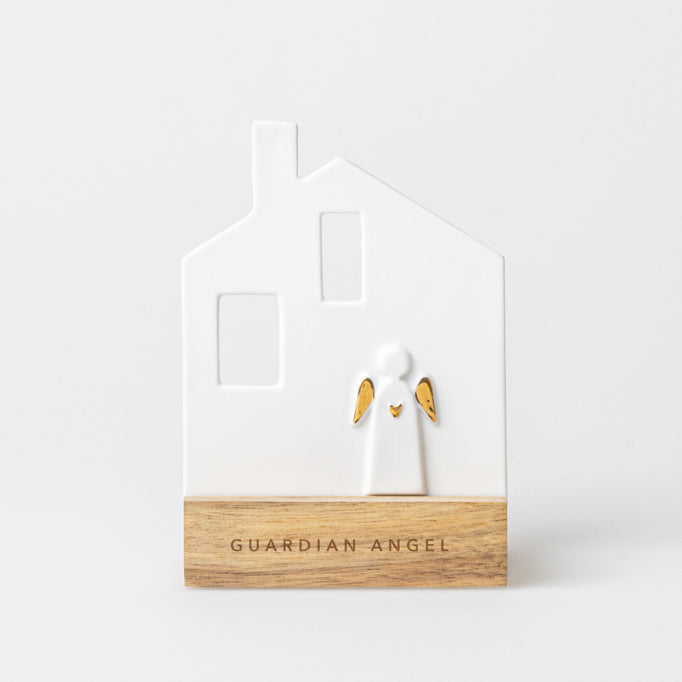 White Porcelain Guardian Angel Tealight Holder with Wood Base - Minimalist Décor - Handcrafted