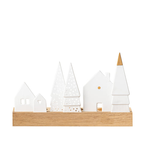 White Porcelain Holiday Village Tealight Holder with Wood Base - Minimalist Décor - Handcrafted