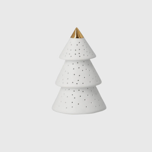 White Porcelain LED Christmas Tree With Gold Tip – Elegant Holiday Accent Light for Mantel, Holiday Village & Table Decor