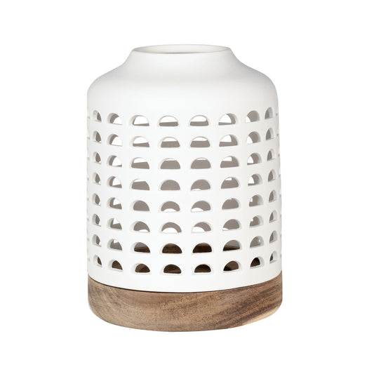 White Porcelain Lantern with Acacia Wood Base - Decorative Candle Lantern for Scandinavian Modern Home Décor
