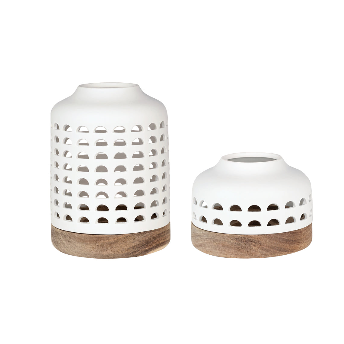 White Porcelain Lantern with Acacia Wood Base 2 Piece Set- Decorative Candle Lantern for Scandinavian Modern Home Décor