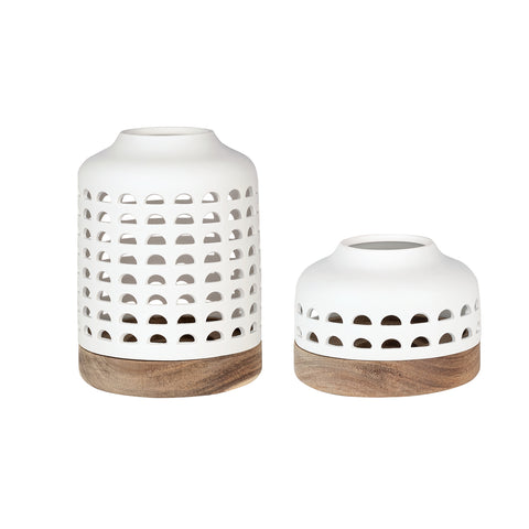 White Porcelain Lantern with Acacia Wood Base 2 Piece Set- Decorative Candle Lantern for Scandinavian Modern Home Décor