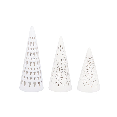 White Porcelain Mini LED Christmas Tree Set of 3 – Elegant Holiday Accent Light for Mantel, Holiday Village & Table Decor