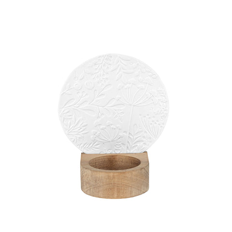 White Porcelain Tealight Candle Holder on Acacia Wood Base with Flower Garden Design