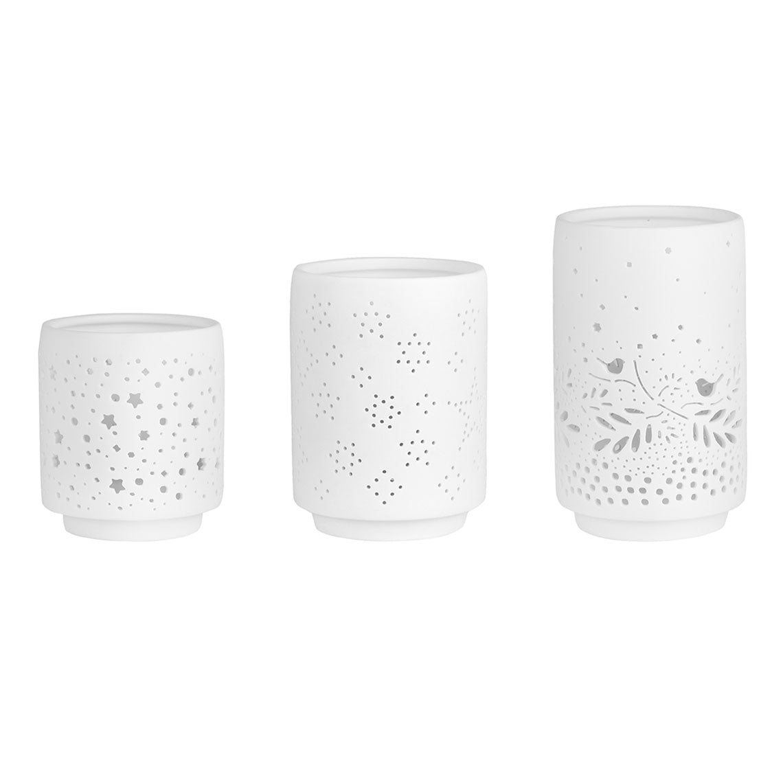 White Porcelain Tealight Holder Set of 3 with Holiday Wintern Designs