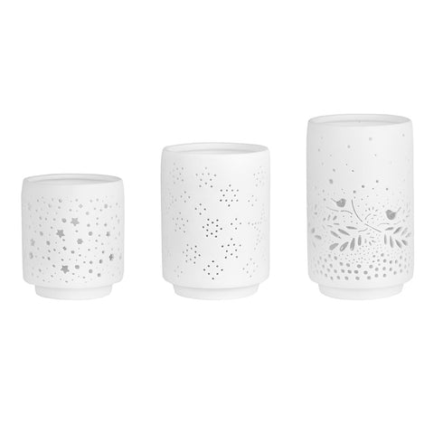 White Porcelain Tealight Holder Set of 3 with Holiday Wintern Designs