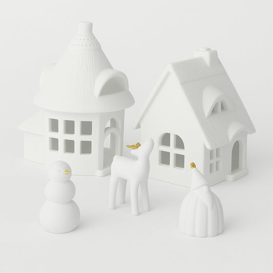 White Porcelain Thatched Roof Village house Tealight Holders and Winter Figurines Set of 3 for Tabletop or Shelf Holiday Décor