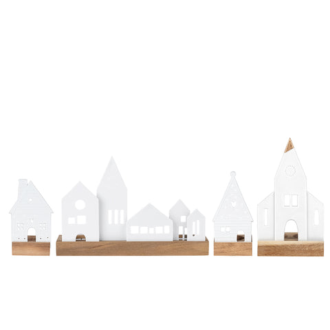 White Porcelain Village Tealight Holder Set with Wood Base 4 Pieces – Minimalist Christmas Décor - Handcrafted