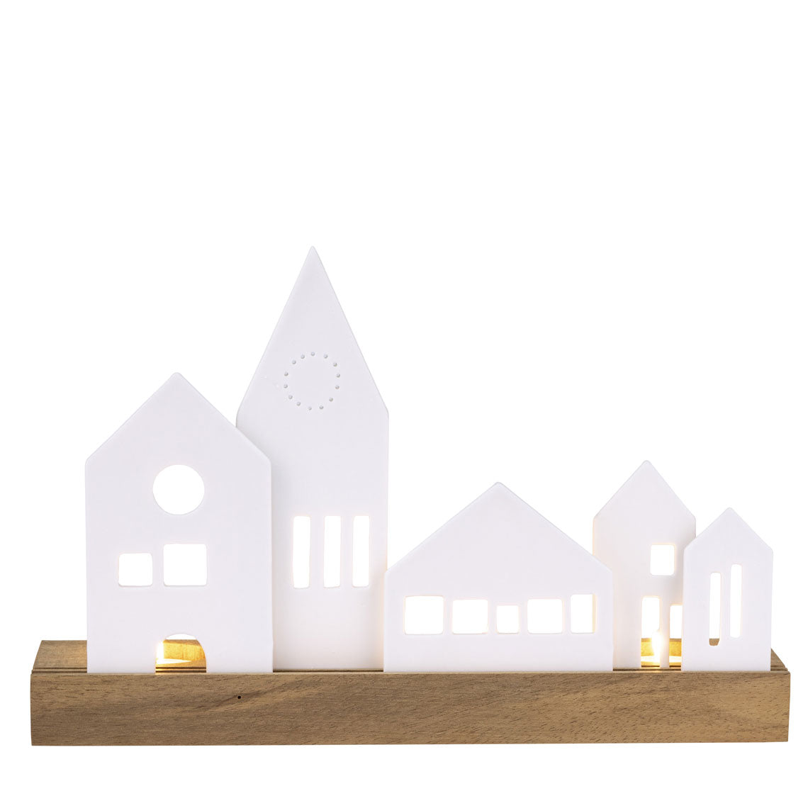 White Porcelain Village Tealight Holder with Wood Base – Minimalist Christmas Décor - Handcrafted