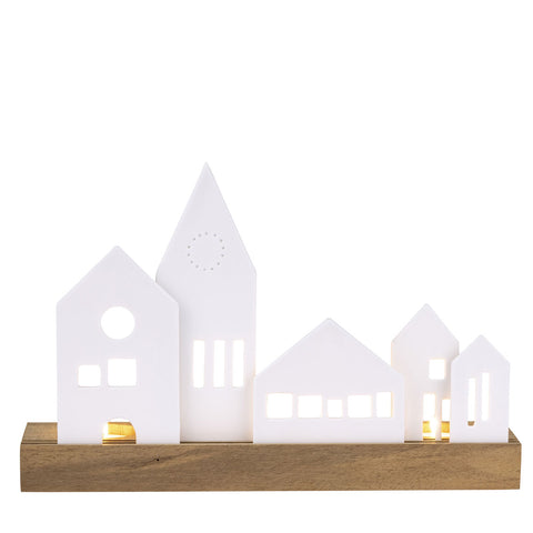 White Porcelain Village Tealight Holder with Wood Base – Minimalist Christmas Décor - Handcrafted