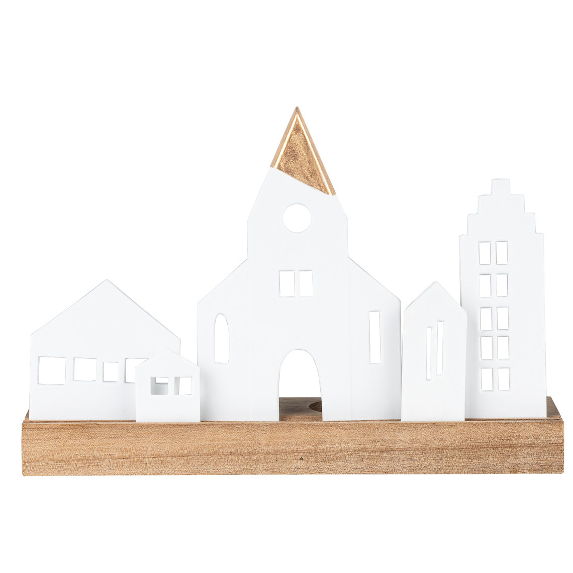 White Porcelain Village with Chapel Tealight Holder with Wood Base – Minimalist Christmas Décor - Handcrafted