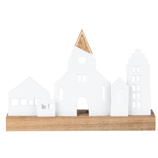 White Porcelain Village with Chapel Tealight Holder with Wood Base – Minimalist Christmas Décor - Handcrafted