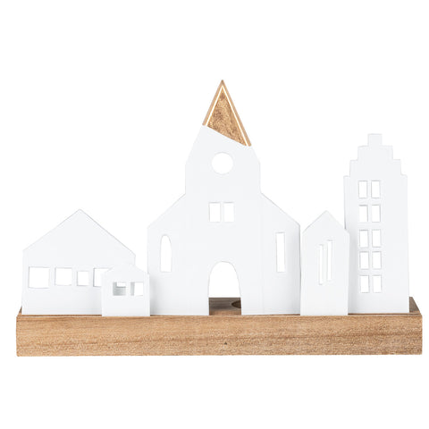 White Porcelain Village with Chapel Tealight Holder with Wood Base – Minimalist Christmas Décor - Handcrafted